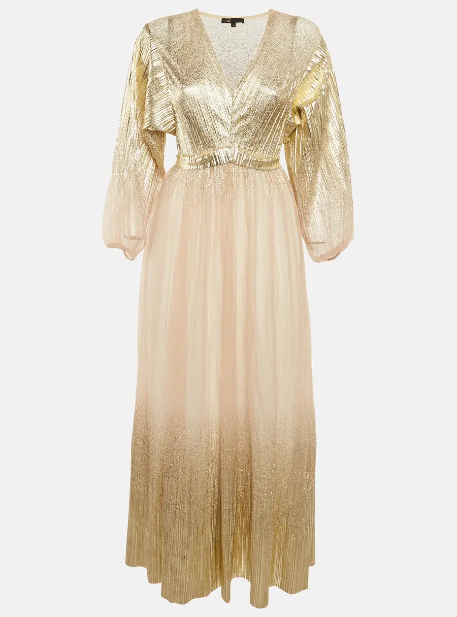 Maje Gold Tulle V-Neck Gown S
