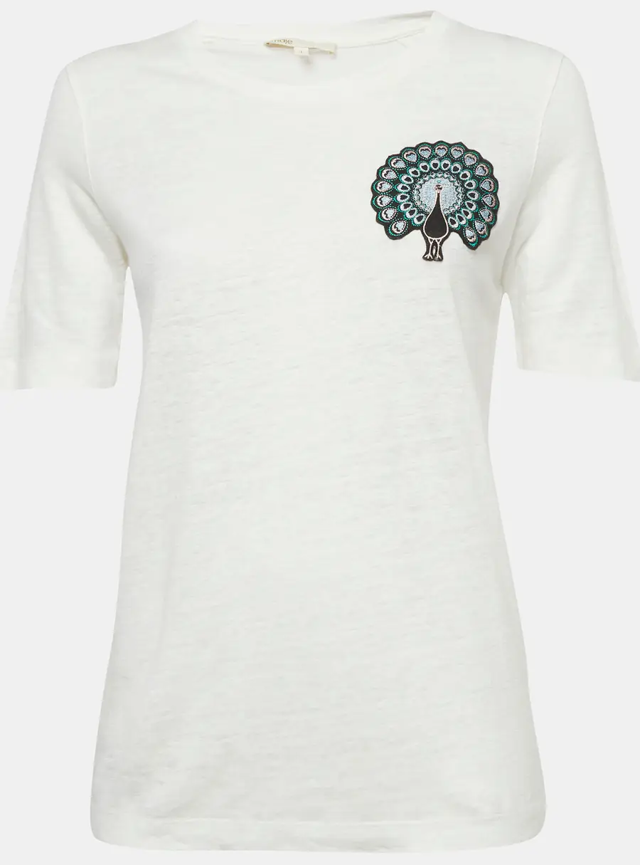 Maje White Cotton Knit Peacock Patch Detail T-Shirt S