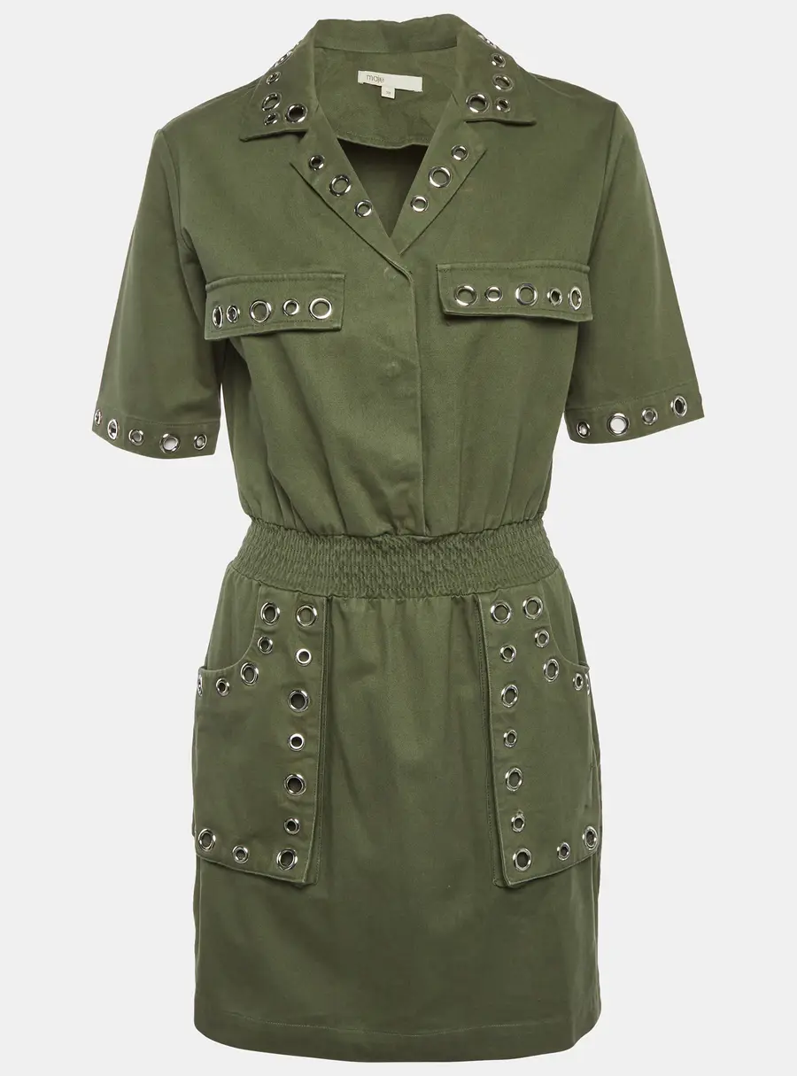 Maje Olive Green Denim Eyelet Detail Ramil Mini Dress M