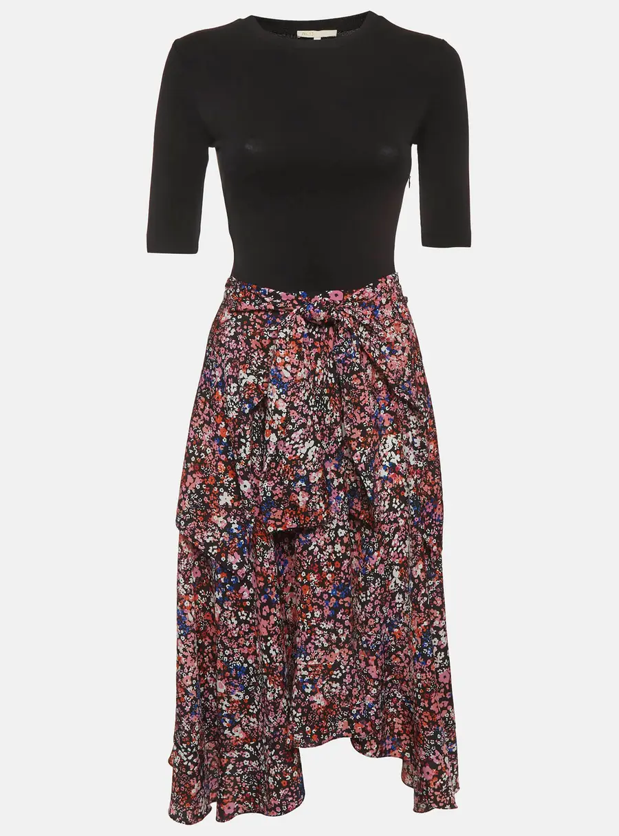 Maje Black Floral Print Jersey and Crepe Flared Midi Dress S