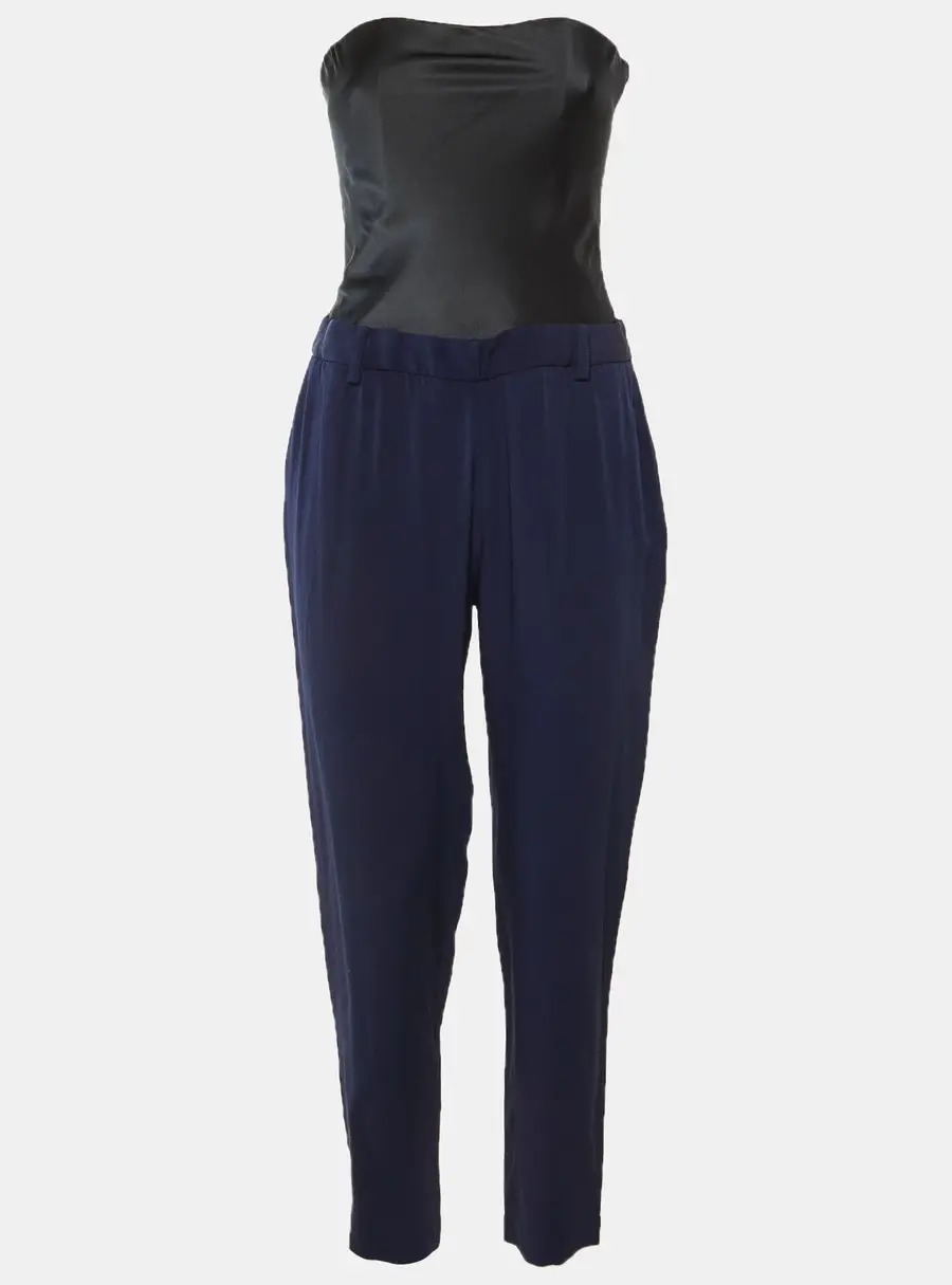 Maje Navy Blue/Black Crepe & Satin Strapless Jumpsuit S
