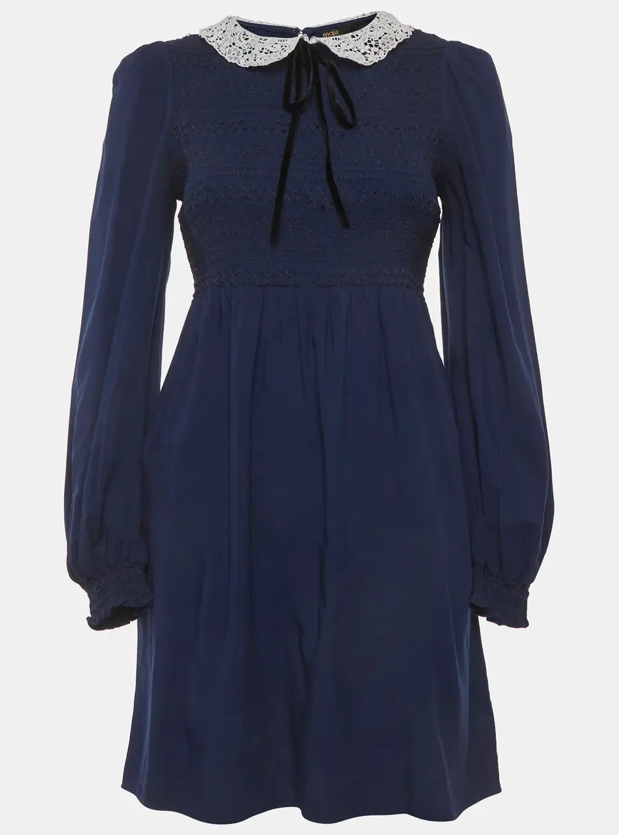 Maje Navy Blue Synthetic Smocked Guipure Collar Mini Dress M