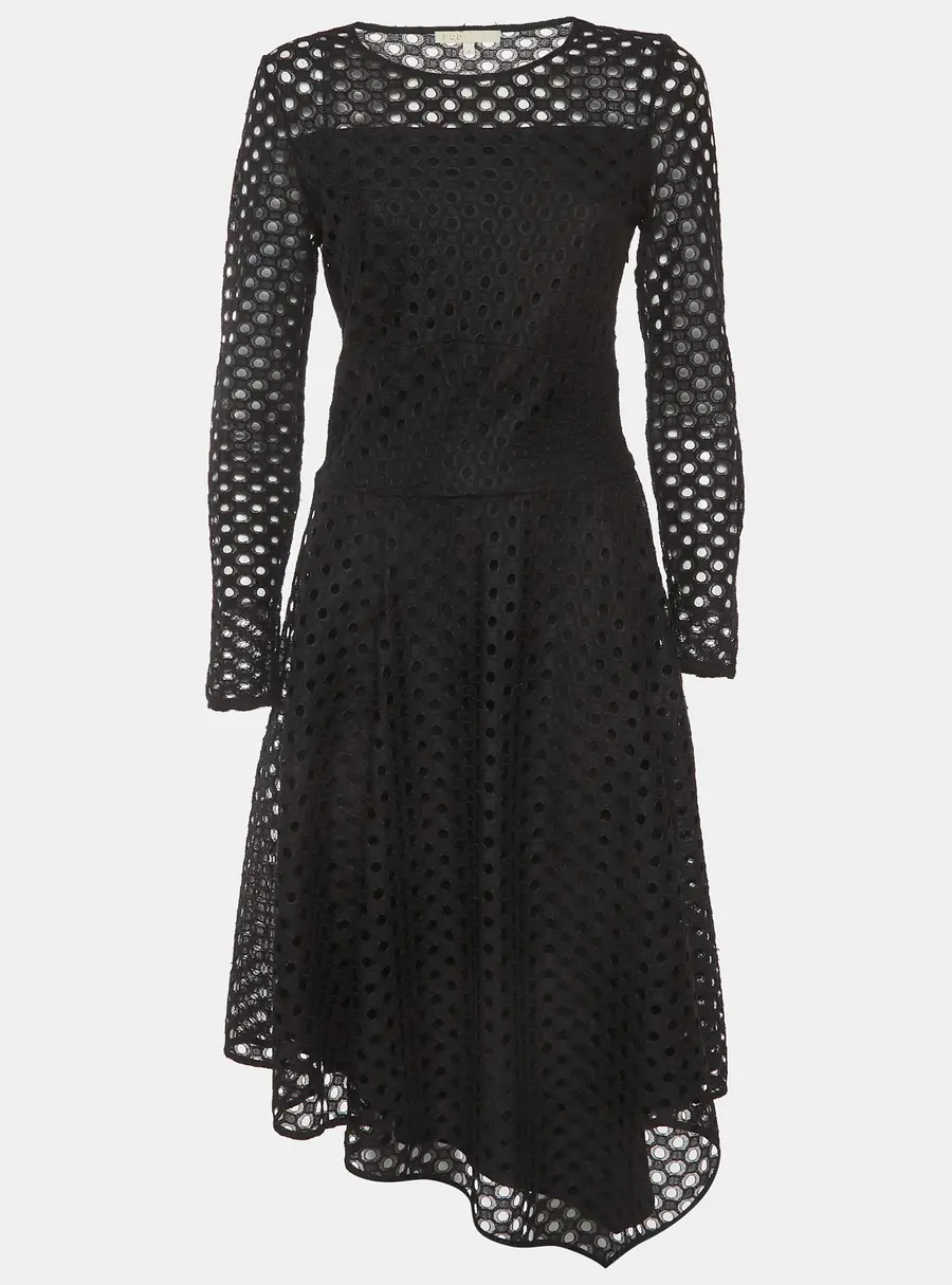 Maje Black Eyelet Lace Fit and Flare Midi Dress L