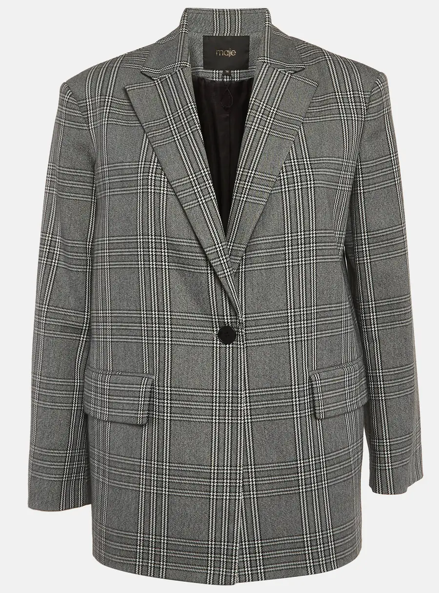 Maje Grey Plaid Wool Blend Regular Fit Blazer S