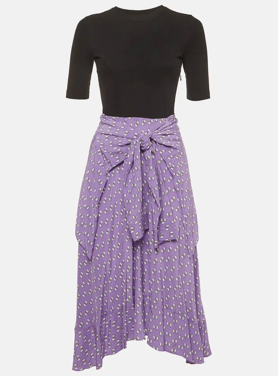 Maje Black/Purple Bow Print Jersey and Crepe Trompe L’Oeil Midi Dress S