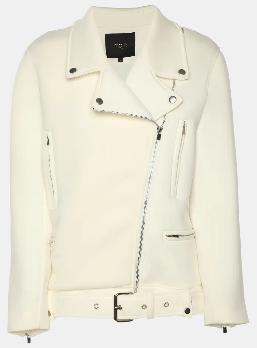 Maje White Neoprene Belted Biker Jacket S