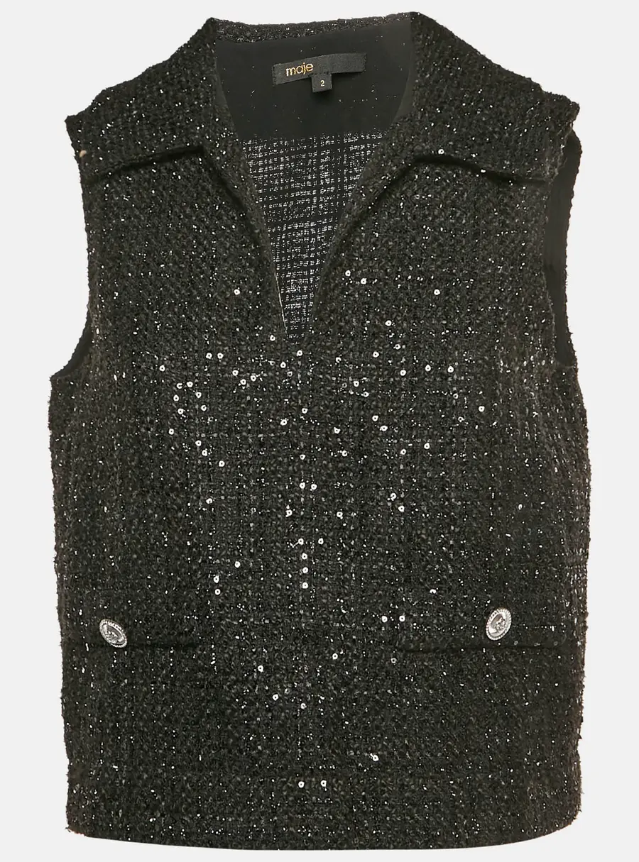 Maje Black Sequin Tweed Sleeveless Top M