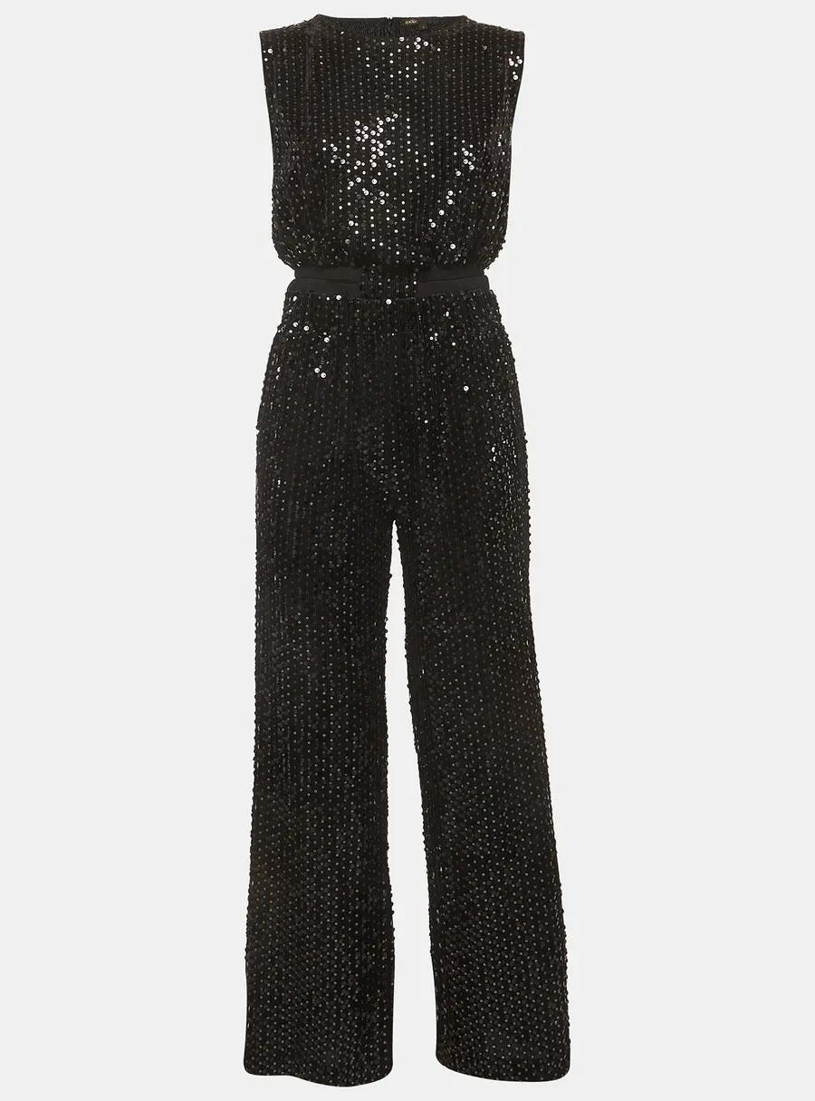 Maje Black Sequin Velvet Cut Out Crop Top & Wide Leg Pants Set M