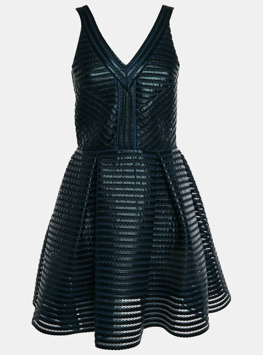 Maje Navy Blue/Black Striped Synthetic Mesh Rosemount Mini Dress L