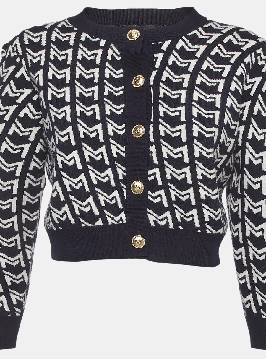 Maje Blue Monogram Stretch Knit Crop Cardigan S
