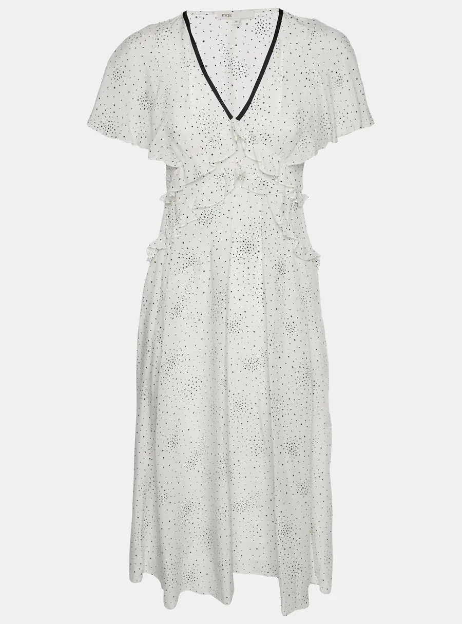 Maje White Star Print Synthetic Racky Ruffled Midi Dress S