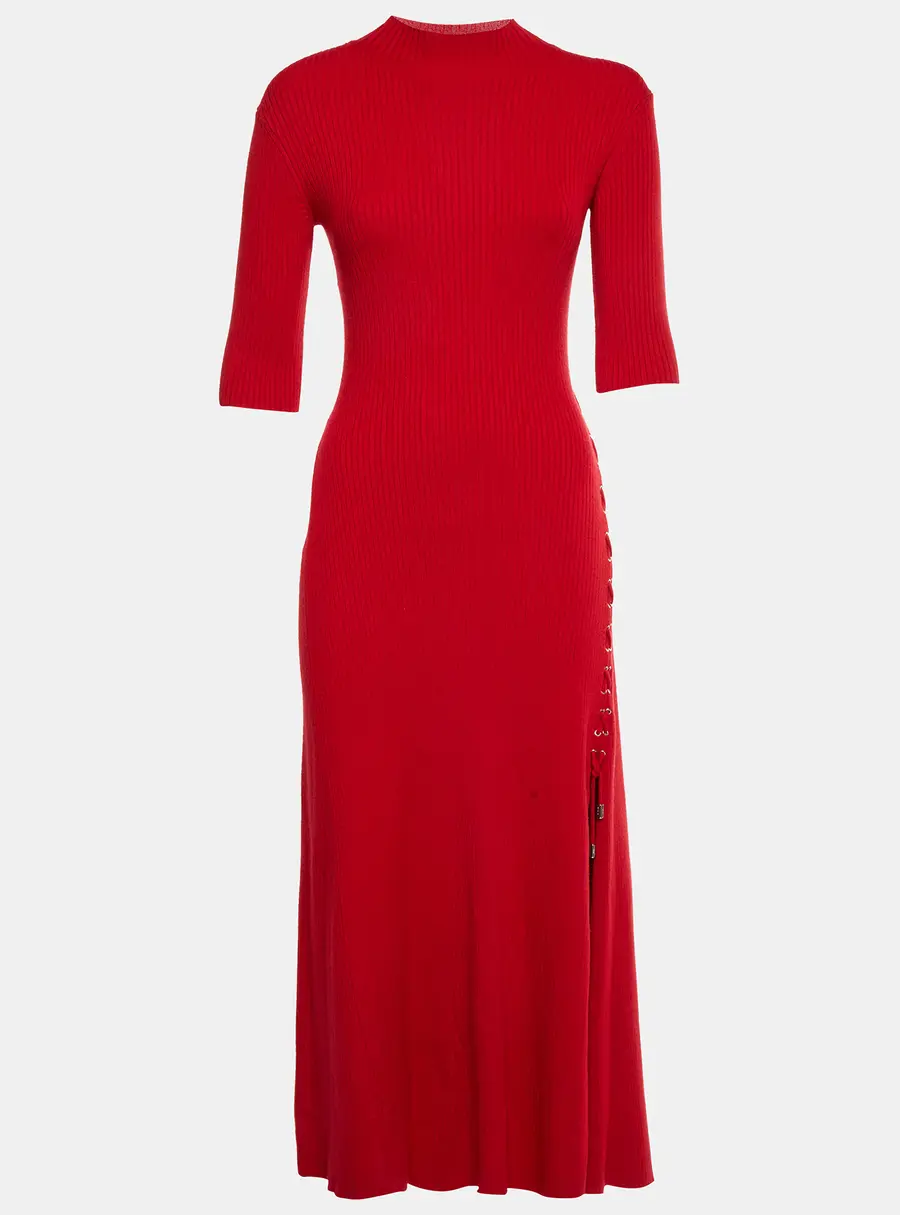 Maje Red Rib Knit Lace Detail Midi Dress XS