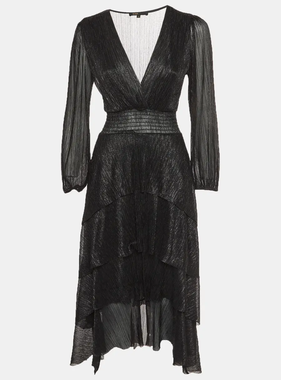 Maje Black Metallic Asymmetric Tiered Midi Dress S