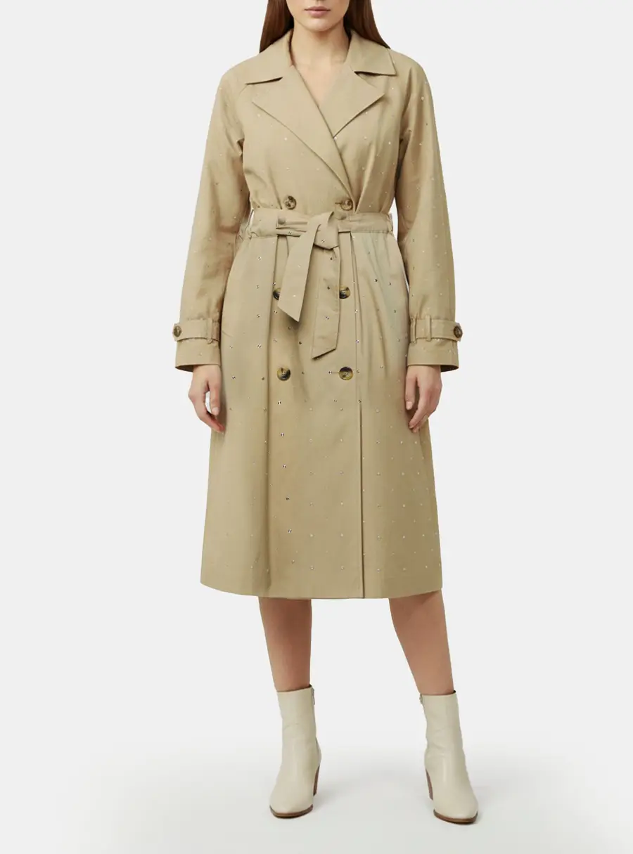 Maje Beige Studded Gabardine Long Trench Coat M