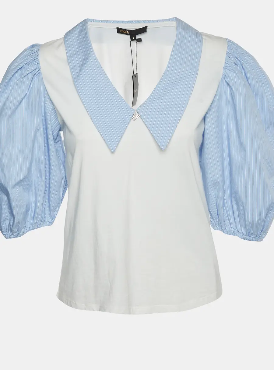 Maje White Stripe Cotton Puff Sleeve Top S