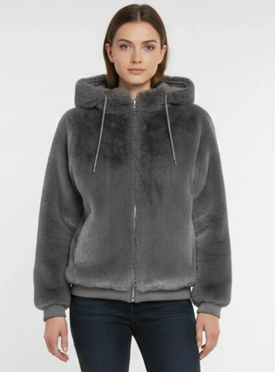 Maje Grey Faur Fur Bayana Hooded Jacket M