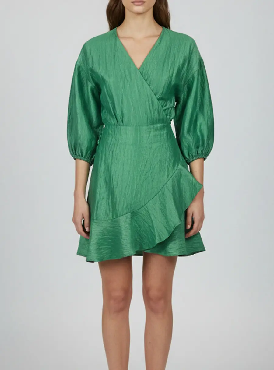 Maje Green Textured Linen Blend Wrap Mini Dress M