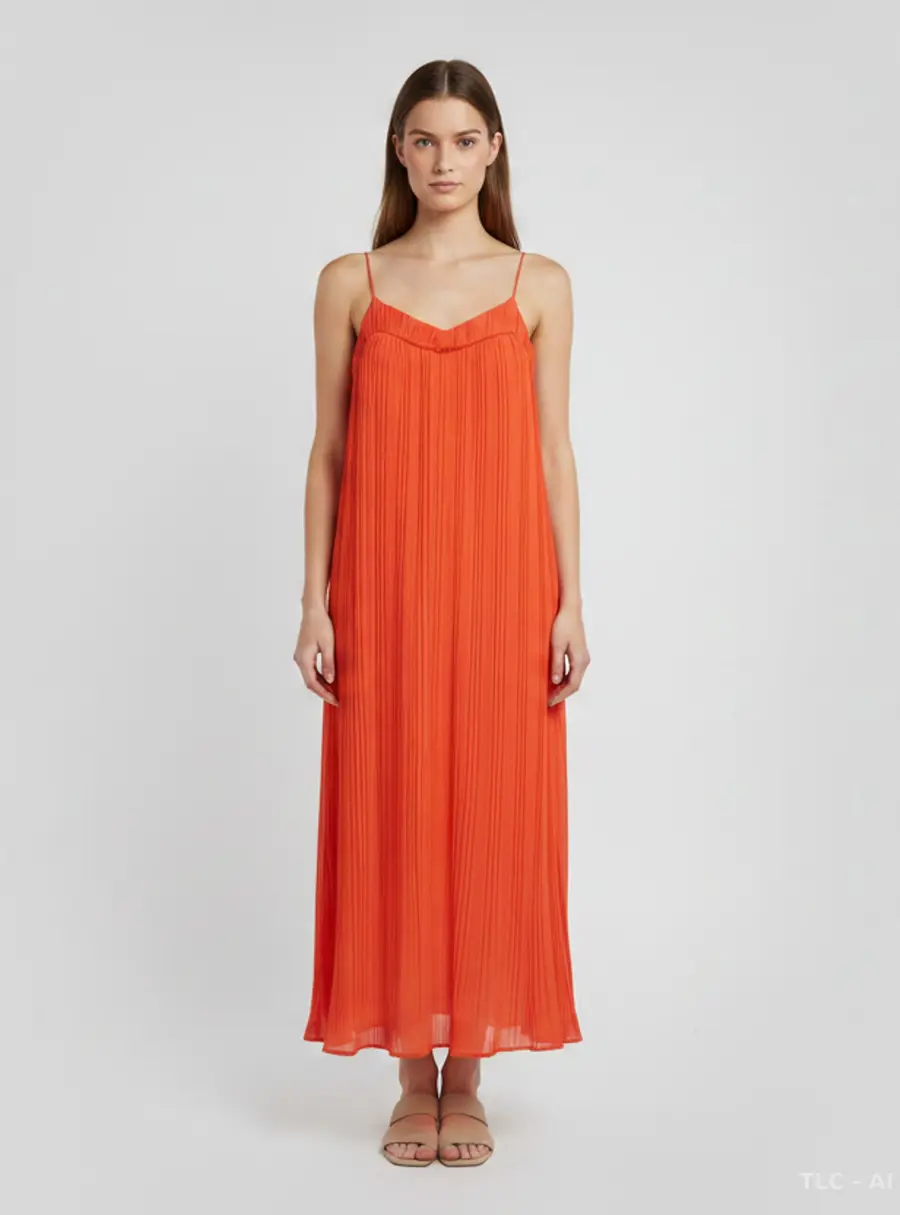 Maje Orange Crepe Plisse Rogelio Midi Dress S