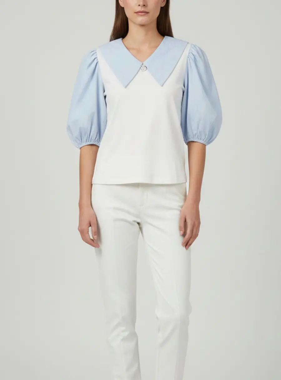 Maje White/Blue Striped Cotton and Jersey Blouse S