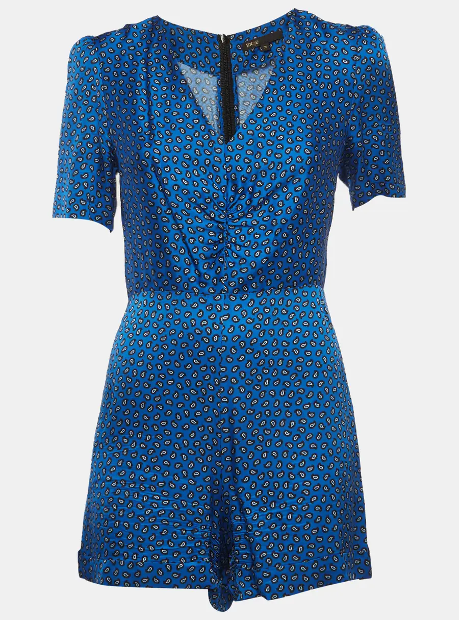 Maje Navy Blue Printed Satin Short Sleeve Playsuit S