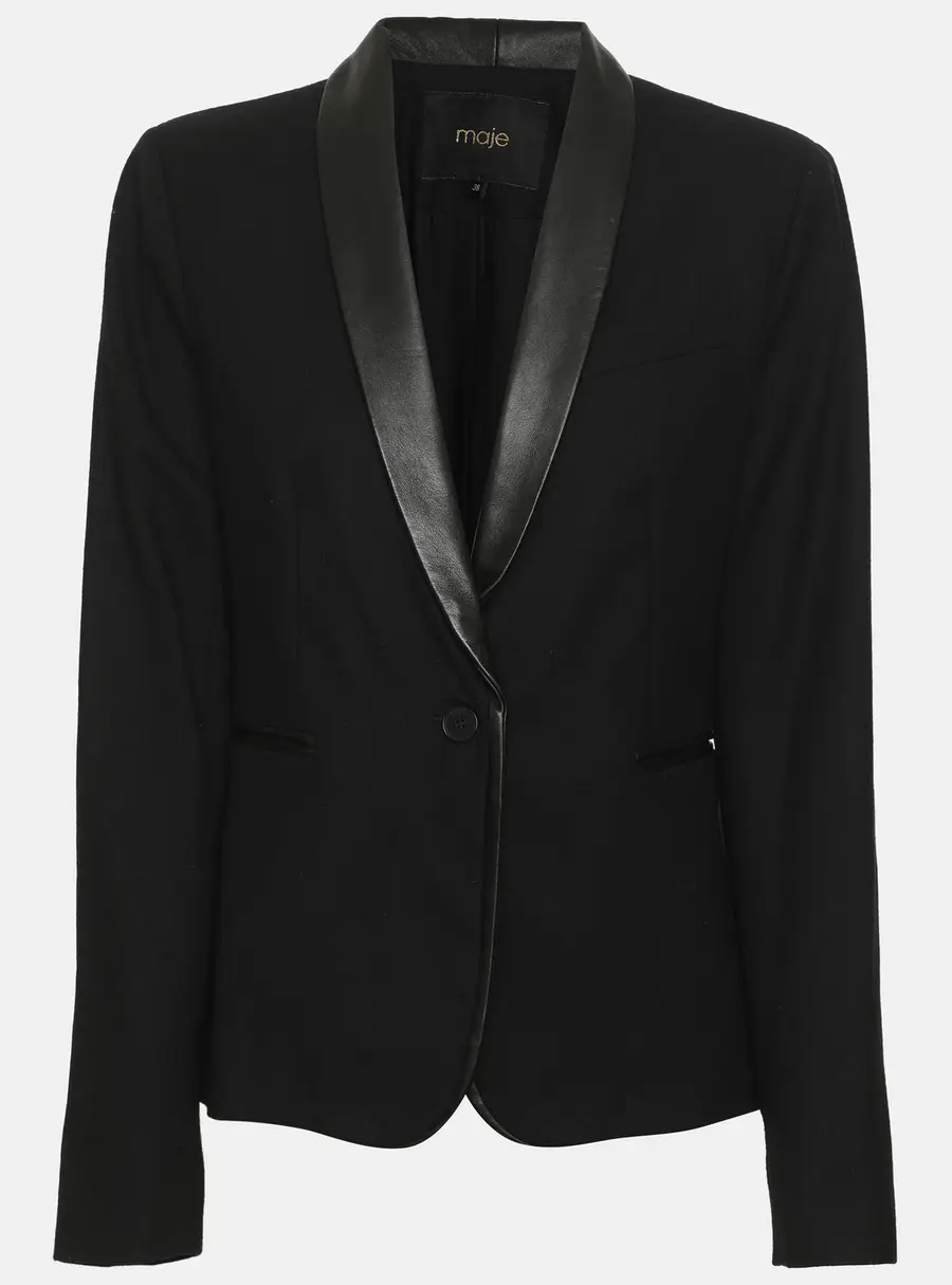 Maje Black Wool Blend and Lambskin Leather Single Breasted Blazer M