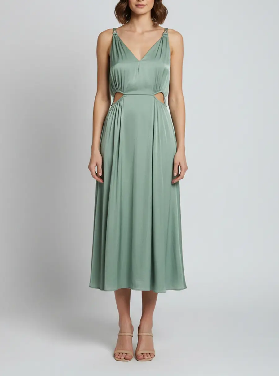 Maje Green Sateen Sleeveless Openwork Midi Dress S