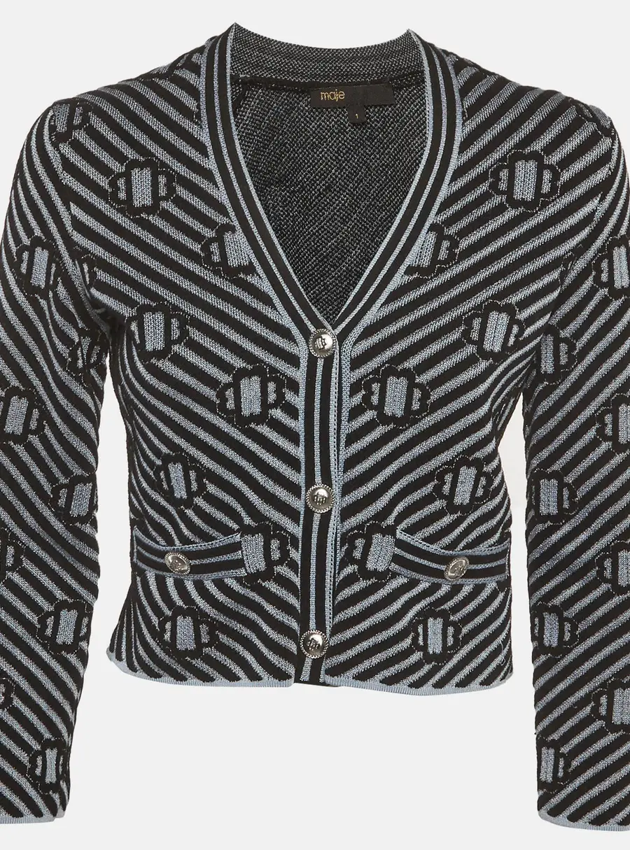 Maje Blue/Black Metallic Clover Jacquard Knit Cardigan S