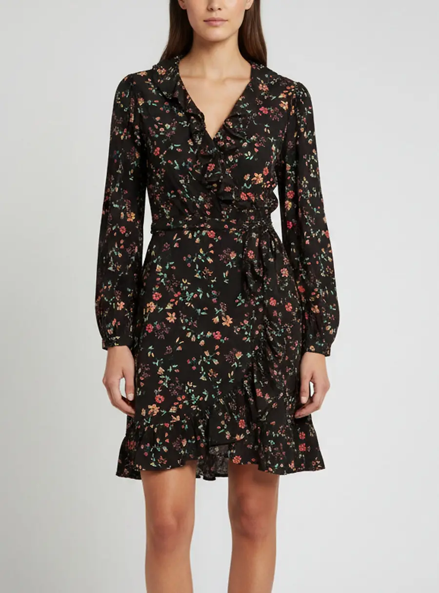 Maje Black Floral Print Crepe Wrap Around Dress S