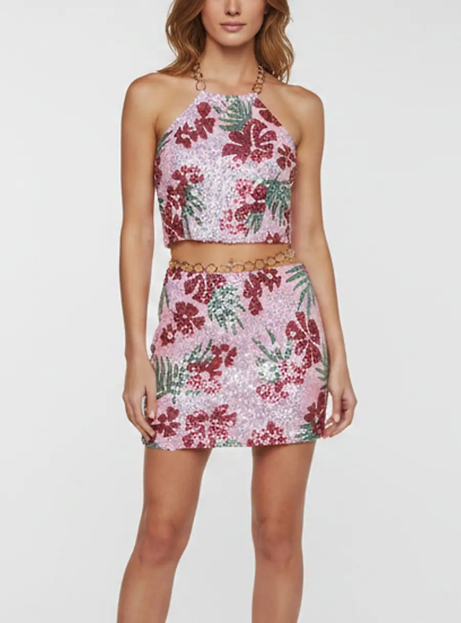Maje Pink Hibiscus Sequins Embellished Tulle Crop Top and Mini Skirt Set M/S