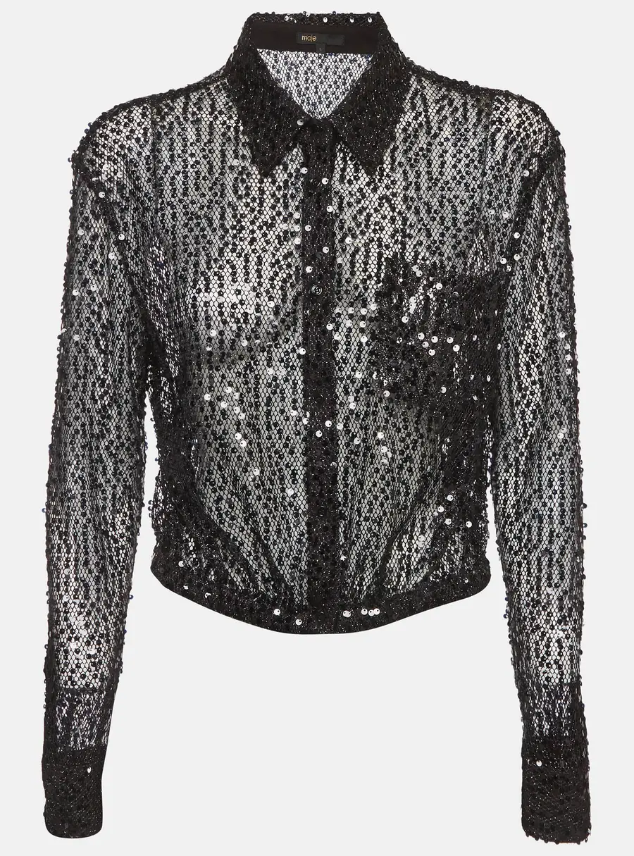 Maje Black Mesh Sequin Embellished Sheer Top L