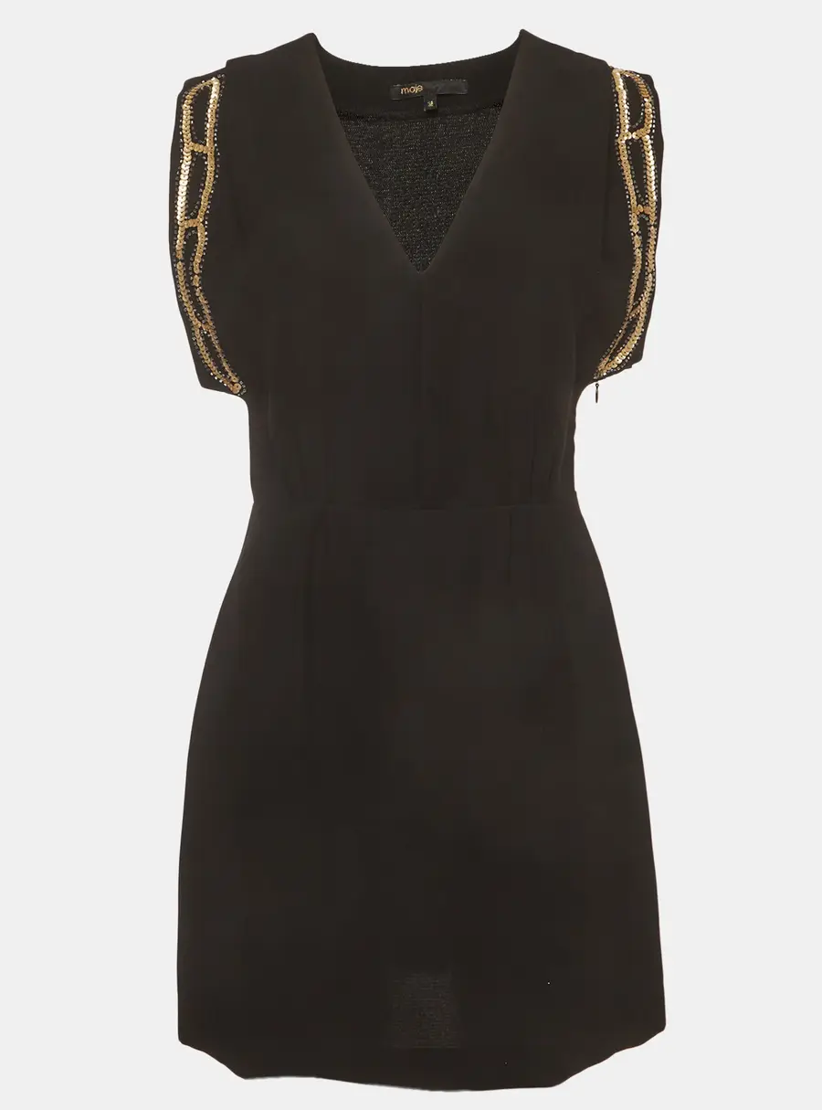 Maje Black Crepe Short Sleeve Embellished Rivera Dress M