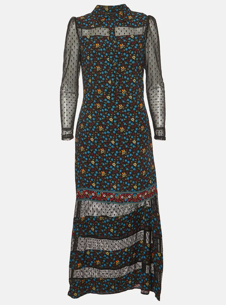 Maje Black Floral Print Crepe and Mesh Rezia Maxi Dress M