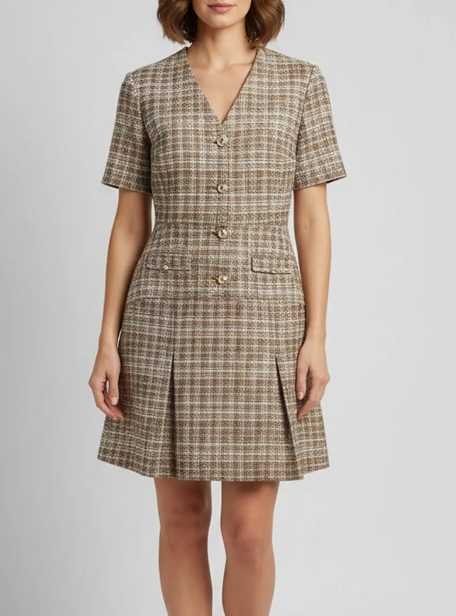 Maje Beige Tweed Button Detail Pleated Mini Dress L