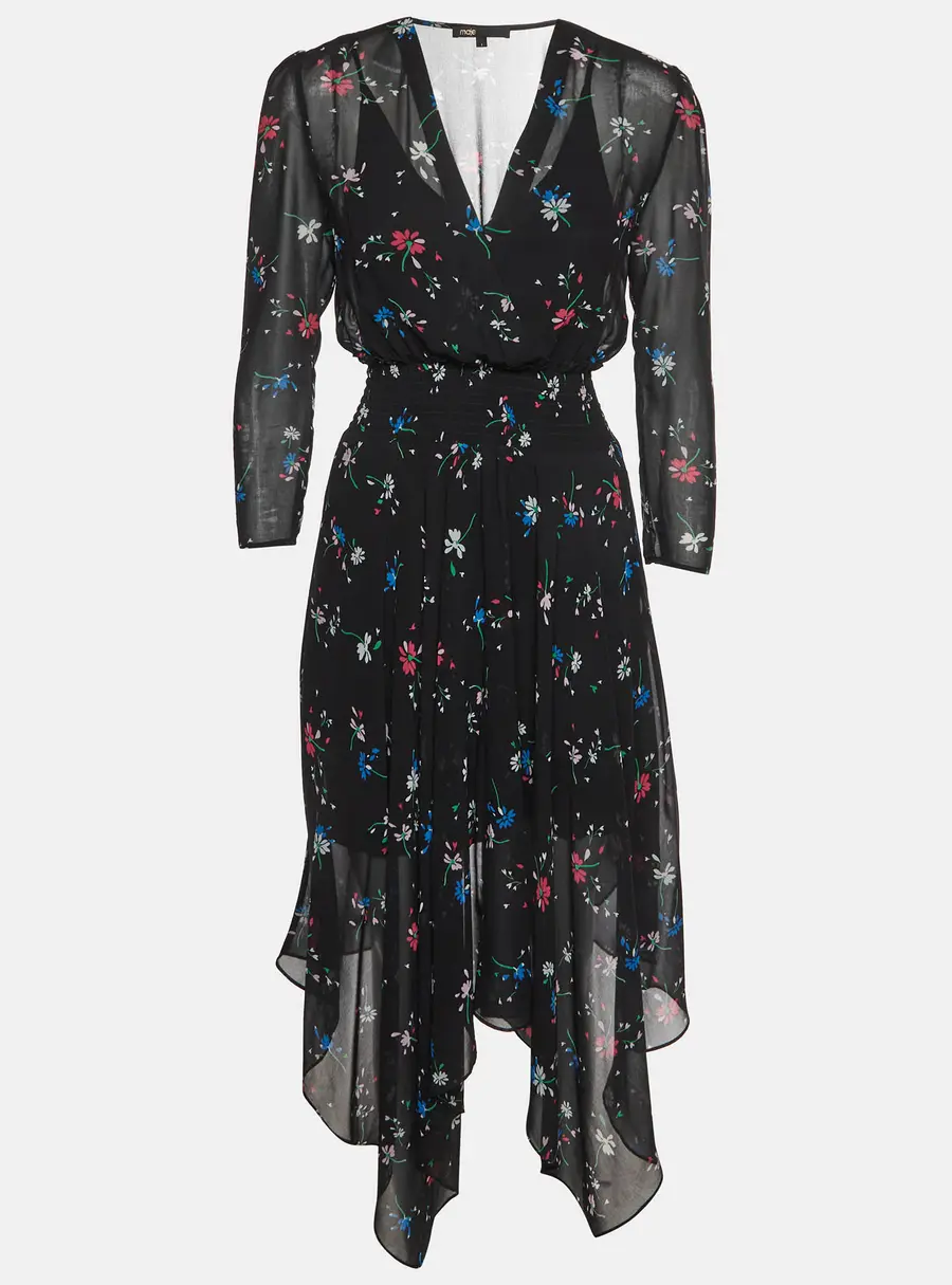 Maje Black Floral Print Crepe V- Neck Midi Dress S