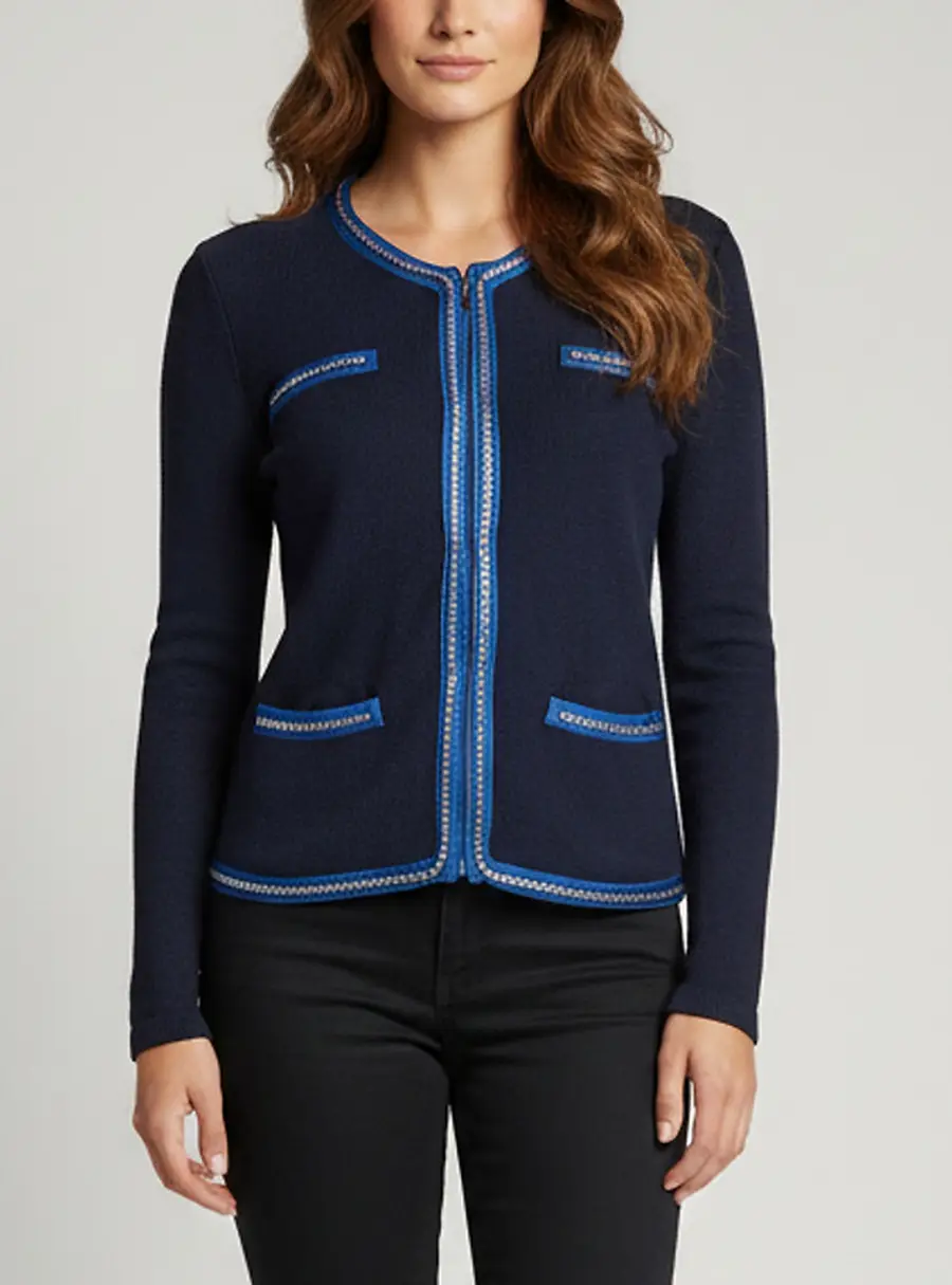 Maje Navy Blue Knit Chain Trim Long Sleeve Cardigan S