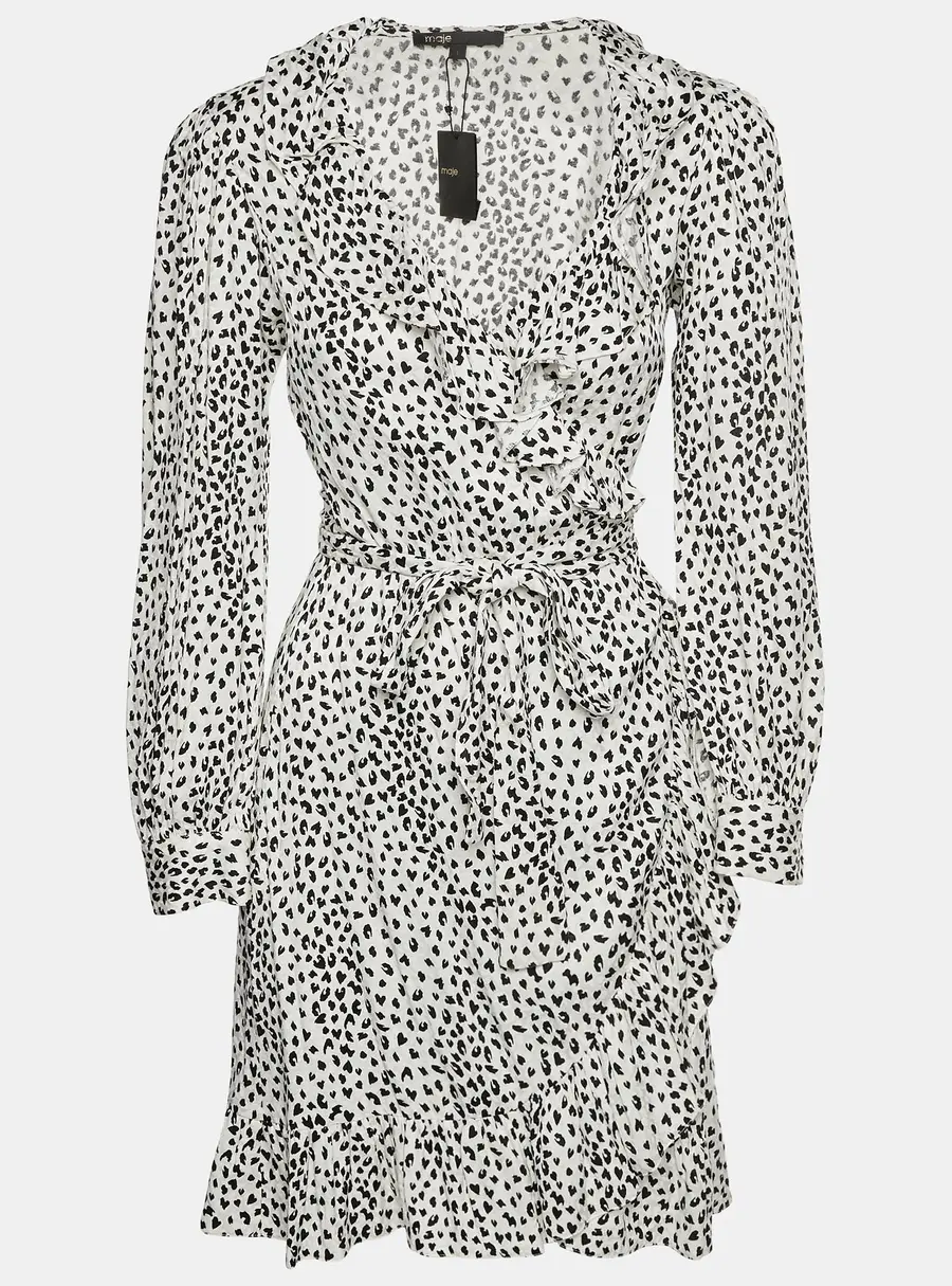 Maje White/Black Animal Jacquard Ruffled Rosana Wrap Dress