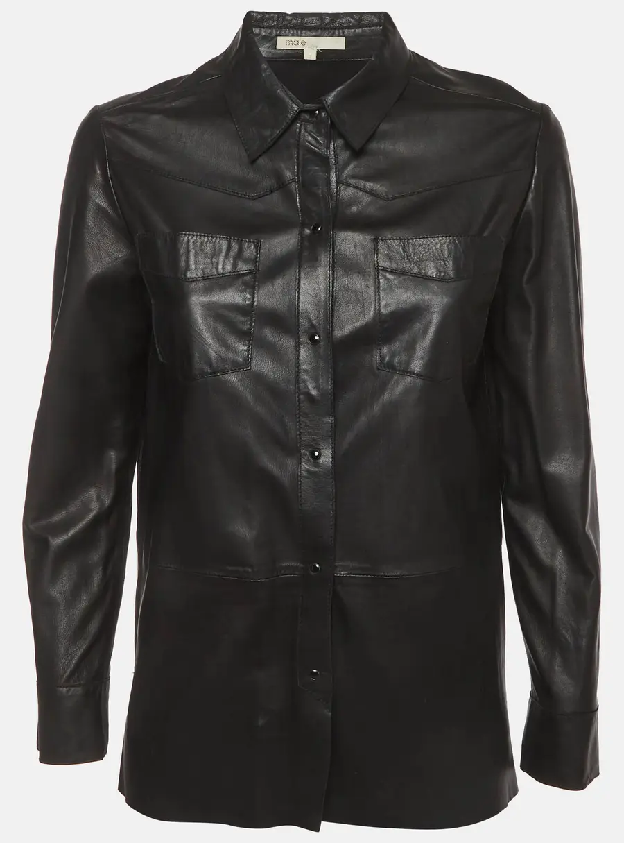 Maje Black Leather Button Down Fedda Shirt Jacket L