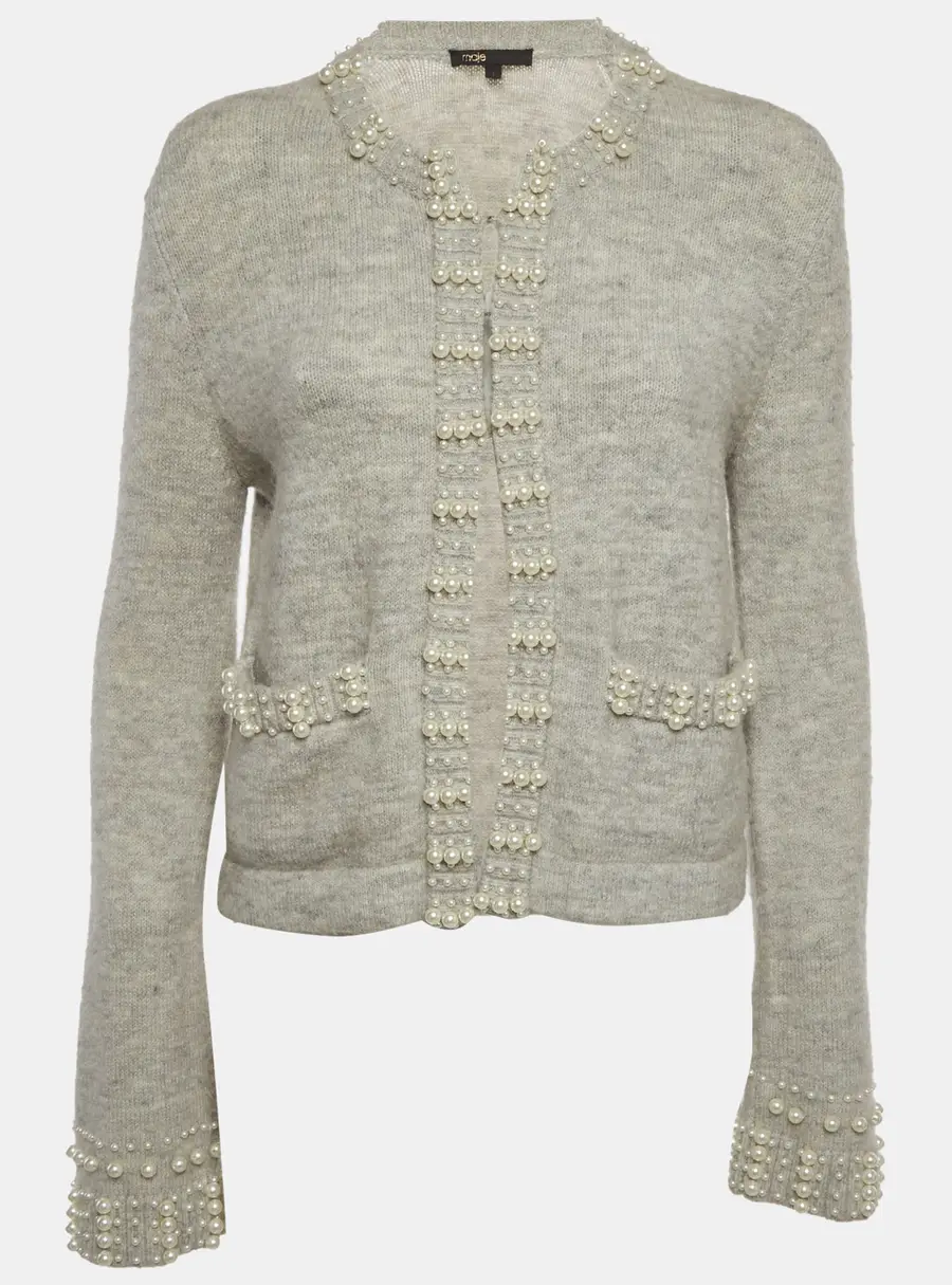 Maje Grey Pearl Embellished Knit Cardigan S
