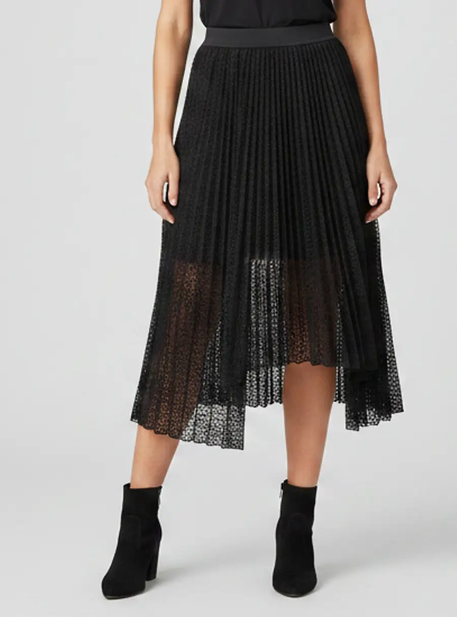 Maje Black Lace Pleated Asymmetric Midi Skirt M