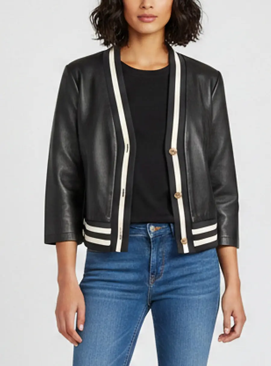 Maje Black Leather Rib Knit Trim Cropped Varsity Jacket L
