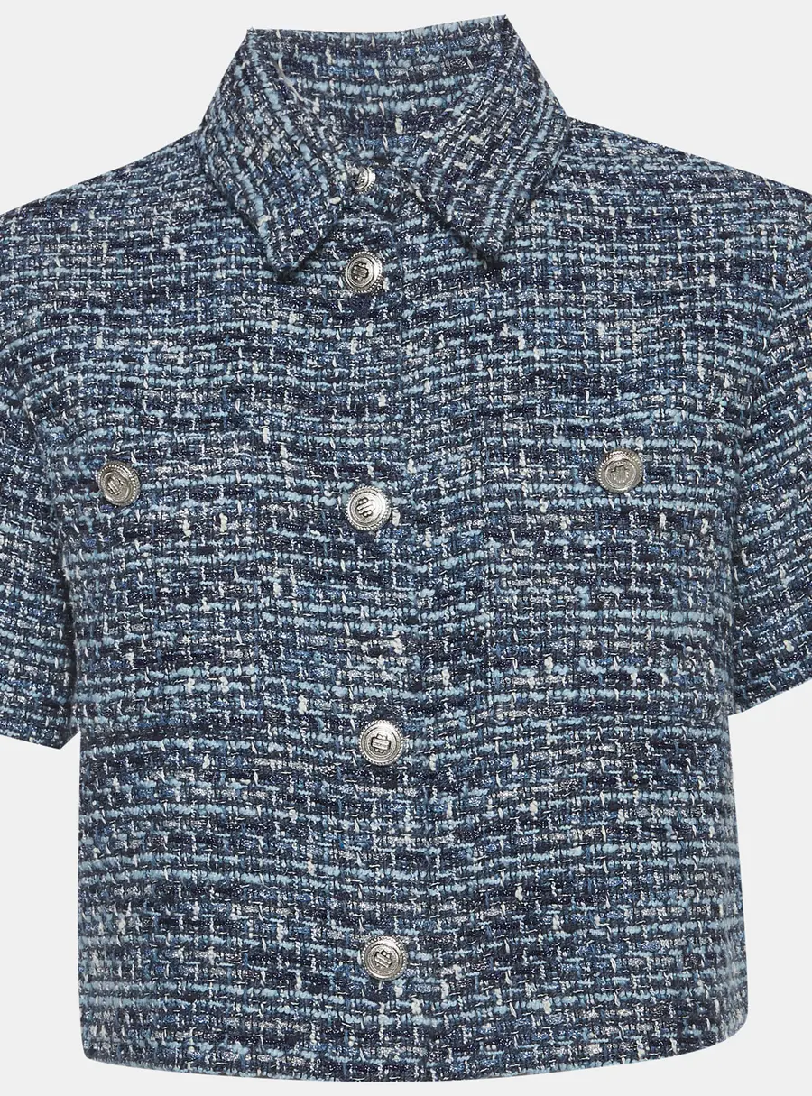 Maje Metallic Blue Tweed Short Sleeved Top S