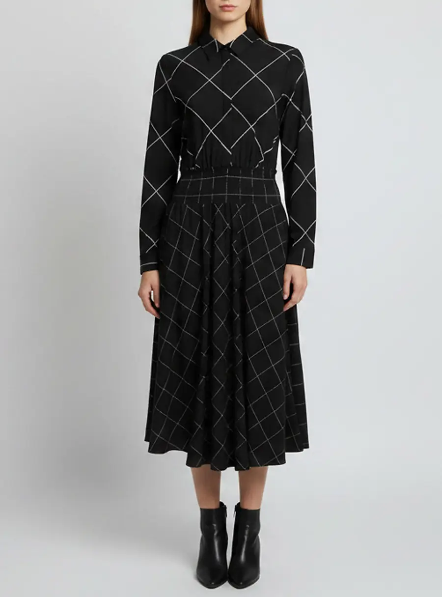 Maje Black Checked Gabardine Ralek Asymmetric Midi Dress L