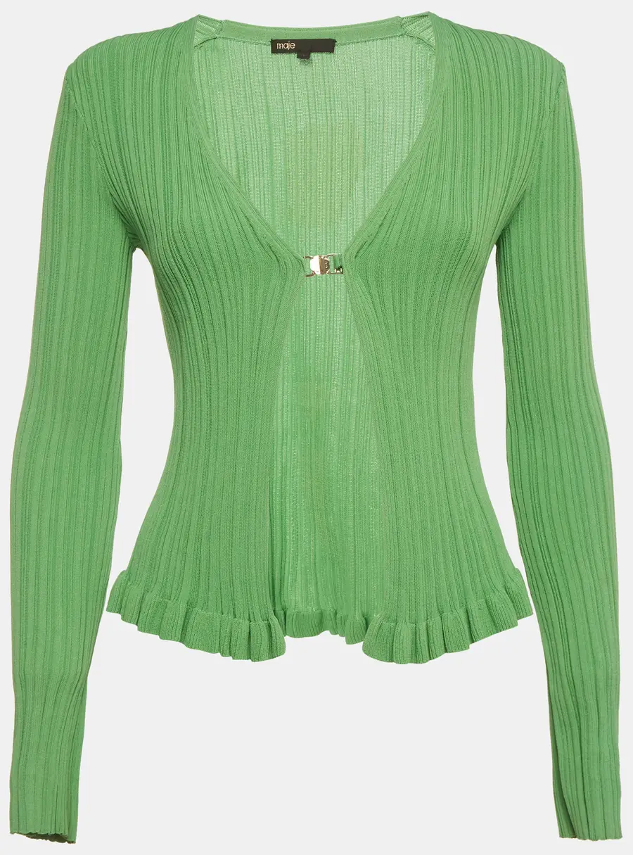 Maje Green Stretch Rib Knit Ruffle Cardigan S