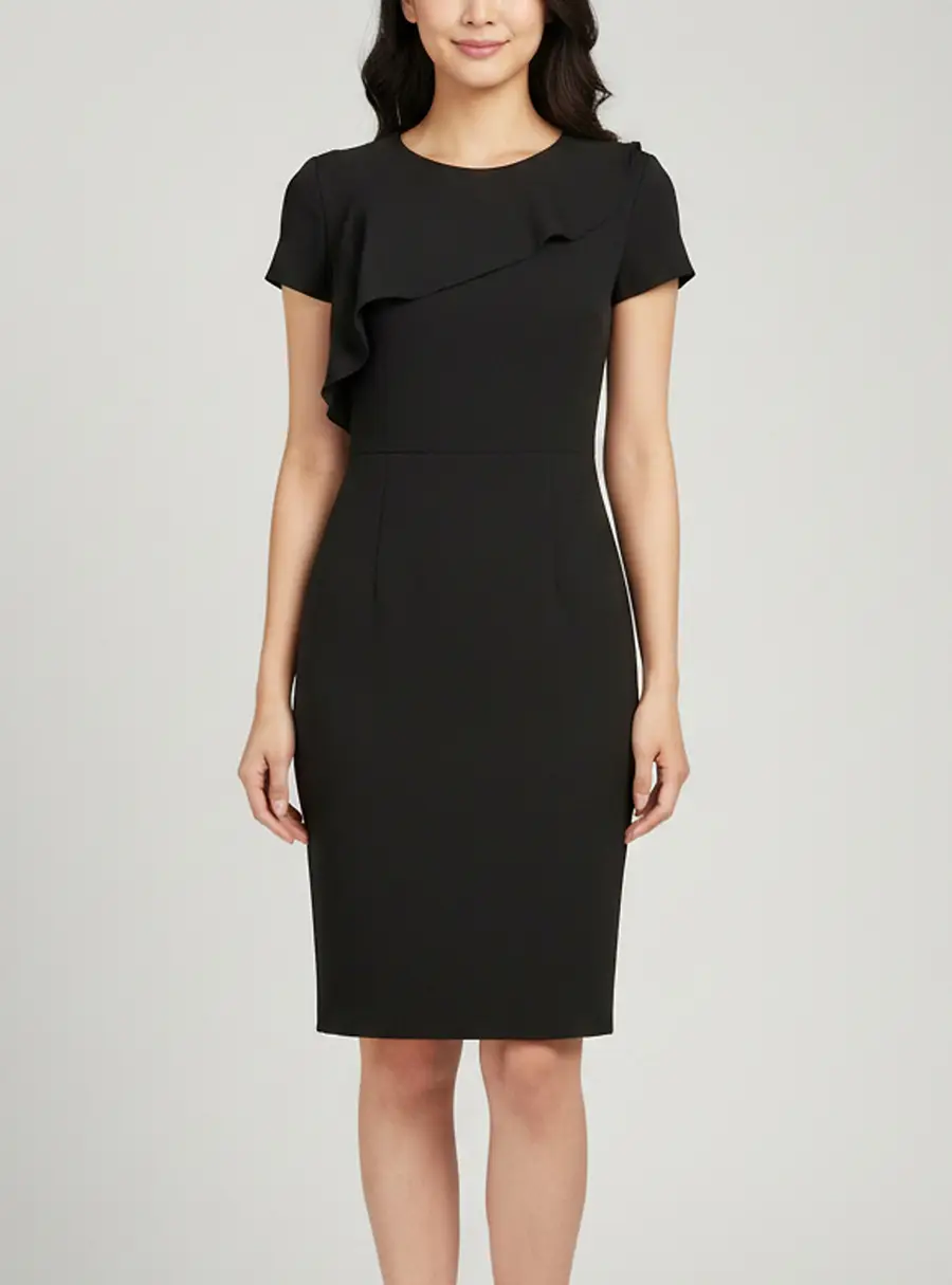 Maje Black Crepe Asymmetrical Flounced Fanny Sheath Dress M