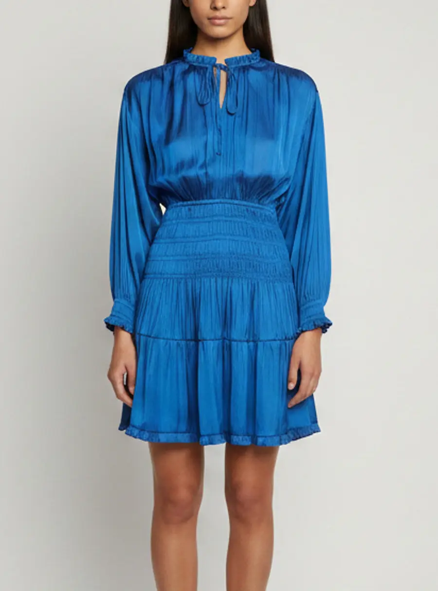 Maje Blue Satin Smocked Neck-Tie Tiered Mini Dress XS
