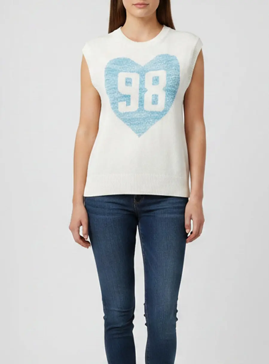 Maje Off White Sequinned Blue Heart Wool Knit Sleeveless Jumper S
