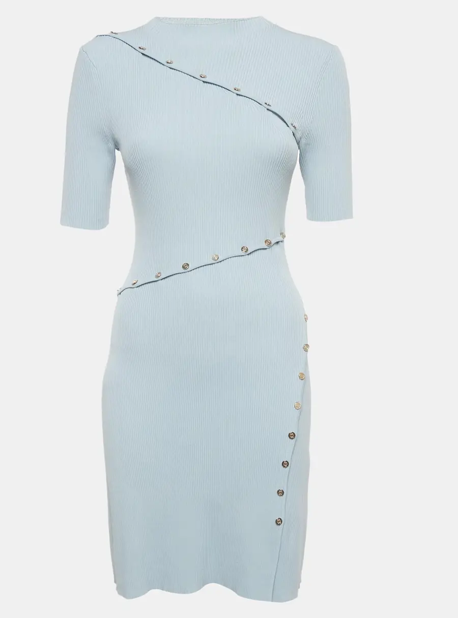 Maje Blue Rib Knit Short Sleeve Asymmetrical Dress S