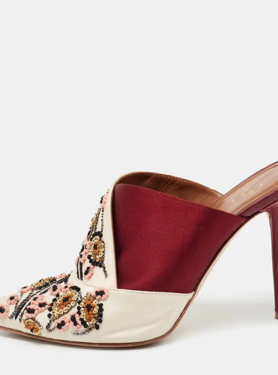 Malone Souliers Off White/Burgundy Satin Floral Embroidered Pointed Toe Mules Size 37