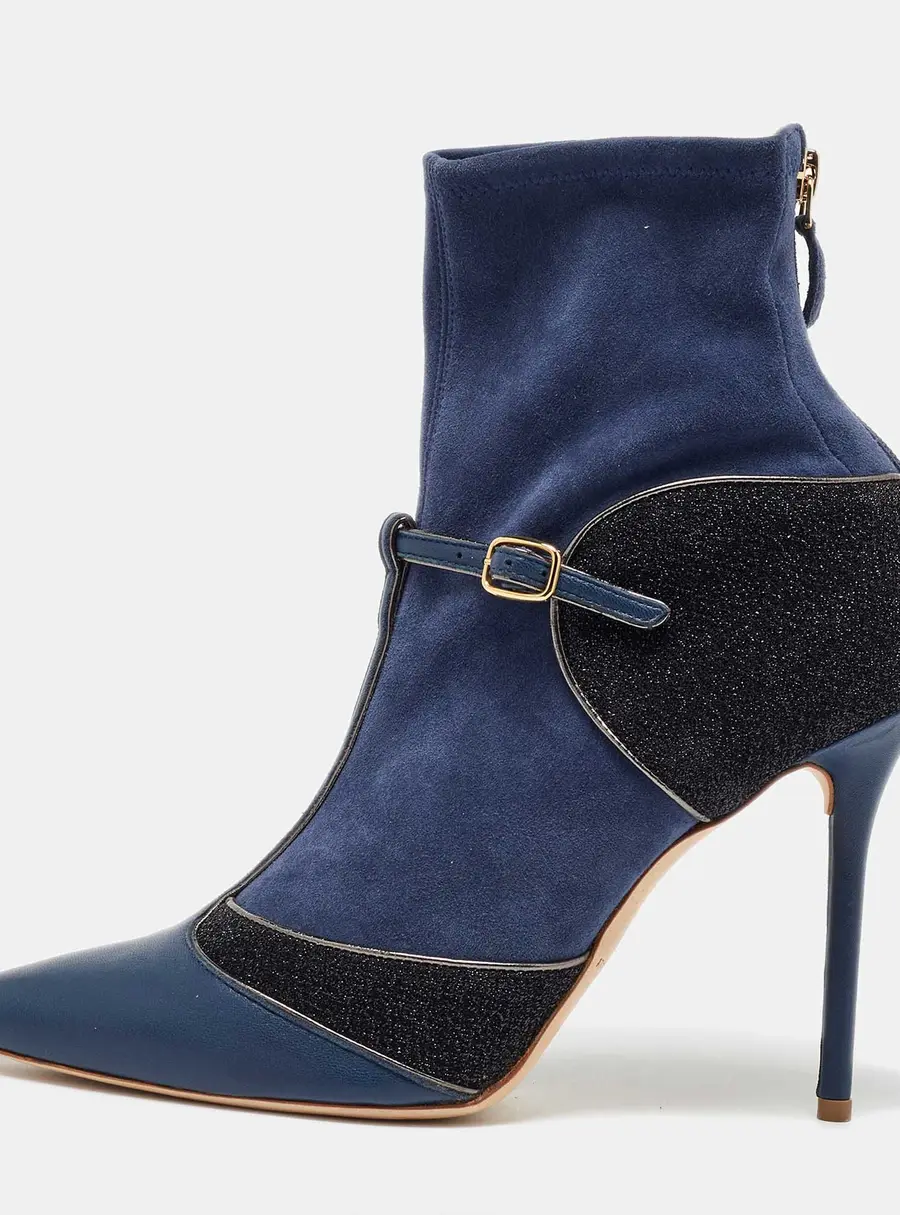 Malone Souliers Size 40 Blue Leather, Metallic Fabric and Suede Ankle Length Boots