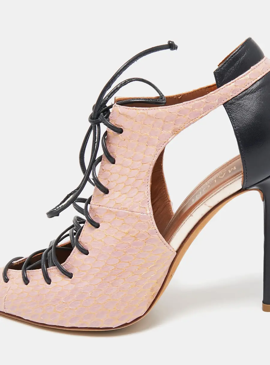 Malone Souliers Beige/Black Leather and Python Montana Lace Up Booties Size 38